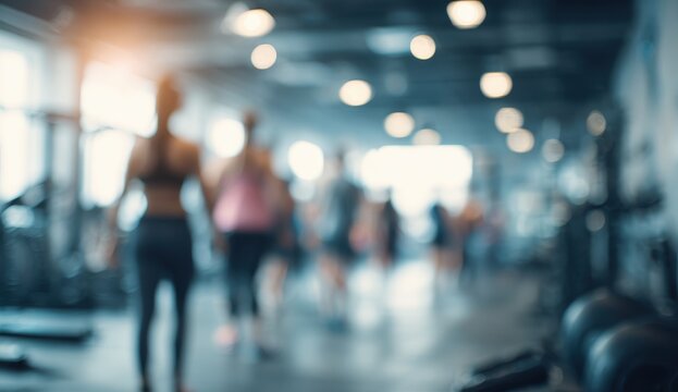 Blurry gym interior with people working out