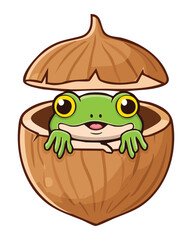 Happy Frog Mascot Inside A Coconut Shell