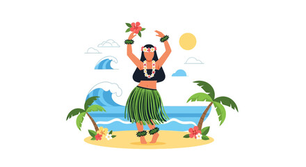 Fototapeta premium Tropical Hula Dancer Performing At Beach With Palm Trees And Ocean Waves