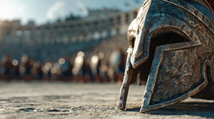 A detailed helmet rests on the ground, highlighting a historical setting with a crowd in the background, evoking themes of ancient battles and gladiatorial contests.