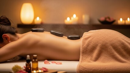 Guests can enjoy both spa treatments and chiropractic sessions in a serene setting. Relaxing spa treatment with hot stones on a woman's back.