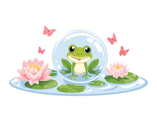 Frog Character With Butterflies In A Bubble
