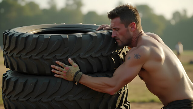 Sport Equipment Man climbs tire stack obstacle in endurance course gripping top tire with mud-streaked gloves intense focus(2)