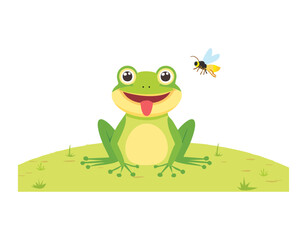 Happy Frog Mascot With a Bee Flying
