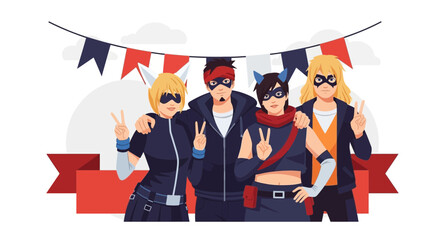 Obraz premium Superheroes Celebrating Victory at Comic Con With Flags And Wearing Costumes