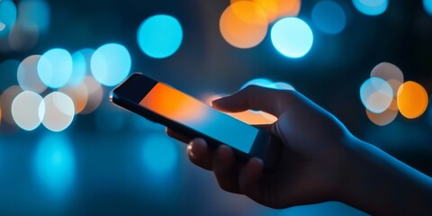 Person Holding Smartphone at Night in a Bright City, Engaging in Digital Communication