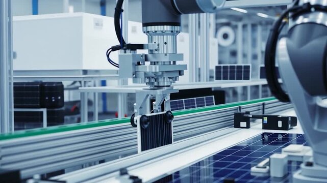 Automated Robotic Arm Assembling Solar Panels in a Modern Clean Energy Factory