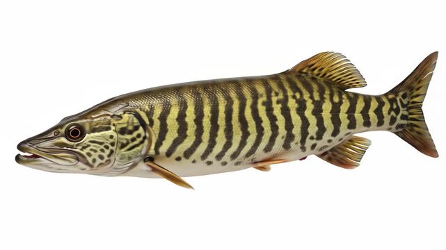 Muskie Fish Isolated on White Background - A detailed close-up of a muskie fish, showcasing its distinctive striped pattern and sharp features.