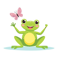 Happy Frog Waving with a Pink Butterfly