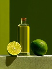 Bottle of fresh lime juice sits beside cut lime on a concrete surface against green gradient background.