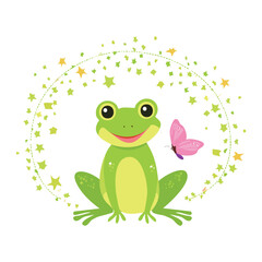 Cute Frog with Big Smile and Butterflies