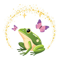 Smiling Frog Character with Flying Butterflies