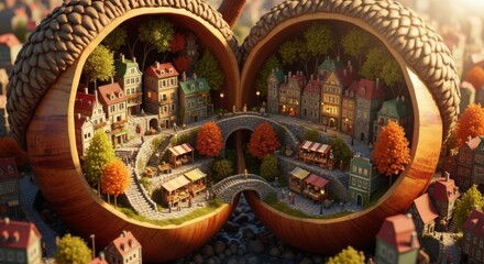 Obraz premium A miniature town nestled inside an acorn shell with buildings and bridges and market stalls inside it