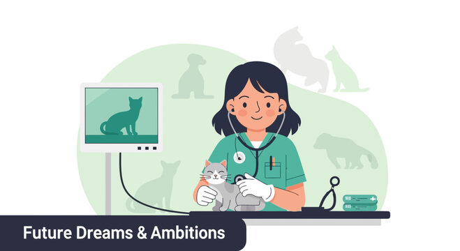 Veterinary Care Woman Examines A Kitten In A Veterinary Clinic Illustration