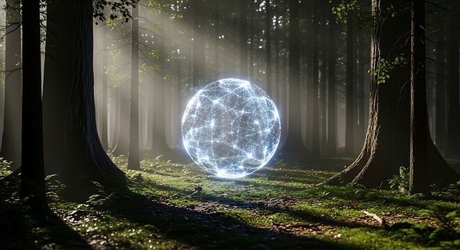 Glowing digital sphere in mystical forest with sun rays. This ethereal light blends technology, nature, and network concepts, ideal for AI, data, and futuristic fantasy visuals.
