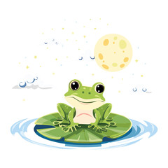 Cute Frogs on a Lily Pad at Night with Moon and Stars