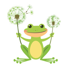 Happy Green Frog with Dandelion and a Big Smile