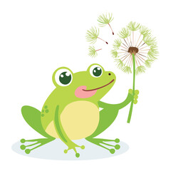 Cute Green Frog Holding a Dandelion Flower with Seeds