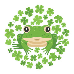 Smiling Frog in the Center of a Lucky Clover Wreath