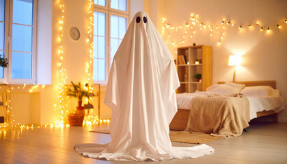 A person dressed as a ghost with a white sheet stands in a cozy, warmly lit bedroom decorated for the holidays.