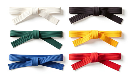 Sport Equipment Set of martial arts belts in multiple colors laid out in gradient pattern on white background isolated for use in ranking training (3)