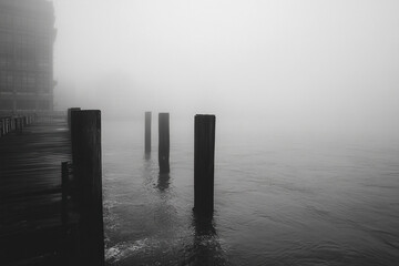 Stylized black and white photo of a wooden pier in fog over the water. Dramatic style. Generated by artificial intelligence