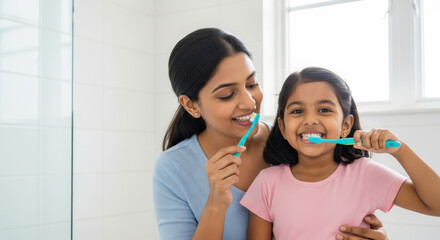 indian mother and daughter brushing teeth together in bright bathroom, smiling happily. family bonding, oral hygiene, dental care routine. healthcare, lifestyle