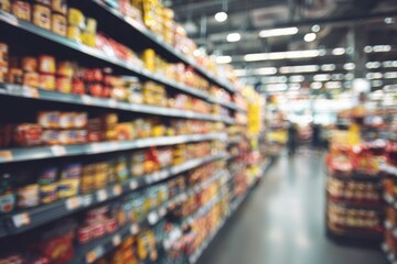 Fototapeta premium Blurred supermarket aisle with food products on shelves