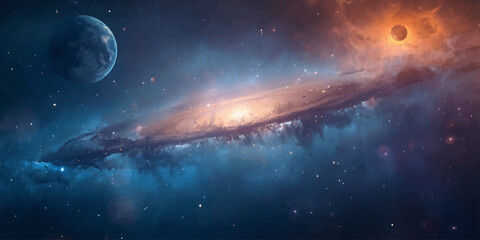 Fototapeta premium Colorful spiral galaxy nebula with glowing star fields and cosmic energy.