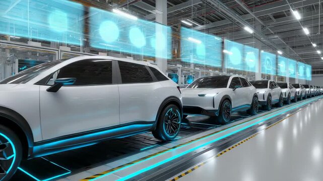 Modern electric vehicle assembly line with battery packs and rare earth mineral icons overlay, supply chain clean factory environment, electric blue accents