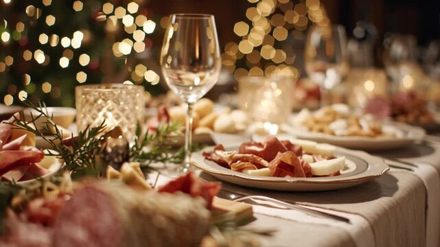 Elegant holiday table with salami, rosemary, and soft candlelight &mdash; a festive celebration of flavor and ambiance for National Salami Day.