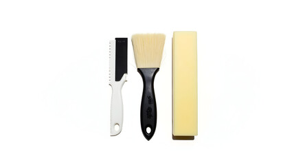 Fototapeta premium Sport Equipment Snowboard wax kit isolated on white background including scraper brush and wax block arranged cleanly for product (5)