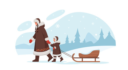 Naklejka premium Wintertime Expedition Featuring Mother And Child Pulling Sled Through Snowy Landscape