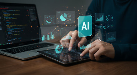 Person interacting with ai and data visualization on a tablet and laptop, showcasing artificial intelligence in modern technology