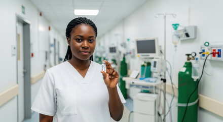 professional african american nurse holding vaccine vial in hospital corridor. promoting national immunization awareness. medical field, vaccination campaign, health education, healthcare poster.