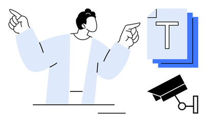 Person gesturing upwards with confident expression, stacked text documents, and a security camera icon. Ideal for safety, surveillance, technology, communication themes, or a simple landing page