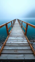 Obraz premium Serene Wooden Pier Extending into Tranquil Teal Lake Surrounded by Misty Fog and Peaceful Nature