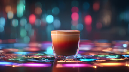 A digital display showing animations of various coffee drinks, bokeh light