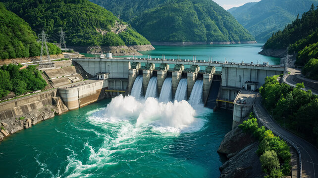 Powerful hydroelectric dam with cascading water in lush mountain landscape generating clean renewable energy - Powered by Adobe