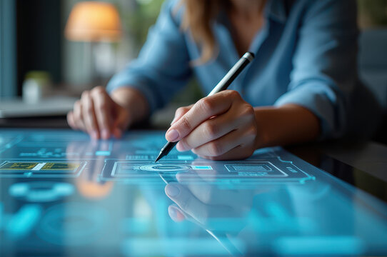 faceless woman interacts with futuristic digital touchscreen using stylus, focusing on design elements at modern workspace. concept of technology and innovation. tech, digital marketing, web design.