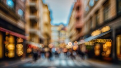 Obraz premium Blurry city street scene, a pedestrian walkway lined with shops and buildings
