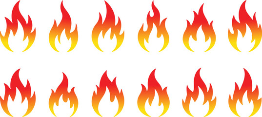 Warm yellow and red flames blaze with heat in a fiery design set, symbolizing danger and light