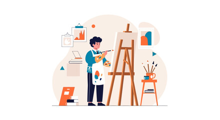 Young Artist Painting On Canvas In Studio Creative Expression Illustration