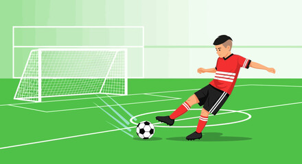 Obraz premium Young Athlete Kicking Soccer Ball Towards Goal On The Pitch Illustration