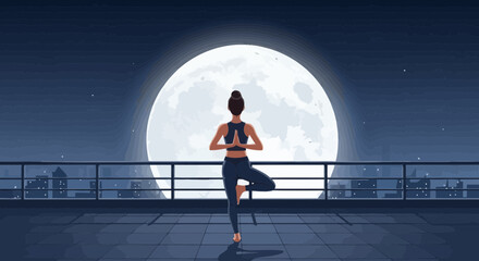 Woman Practicing Yoga On Rooftop Under Moonlight With Cityscape Backdrop