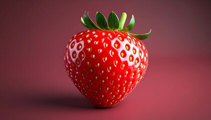 A single, ripe strawberry with vibrant red color and glossy surface, set against a deep maroon backdrop