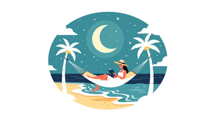 Woman Relaxing On Hammock By Beach Under Moonlight In The Evening