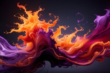 Vivid abstract artwork showing a fiery splash of liquid in vibrant orange and deep purple hues. Dynamic fluid motion on a dark background, perfect for modern design, digital art, or backgrounds