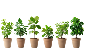 Collection of small potted trees with various green leaves, showcasing different shapes and sizes, perfect for indoor decoration or gardening enthusiasts