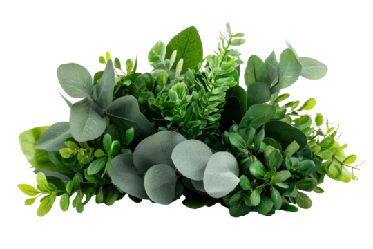 Vibrant cluster of lush green foliage featuring various eucalyptus shrubs and other leafy plants, creating fresh and natural aesthetic. This arrangement evokes sense of tranquility and harmony